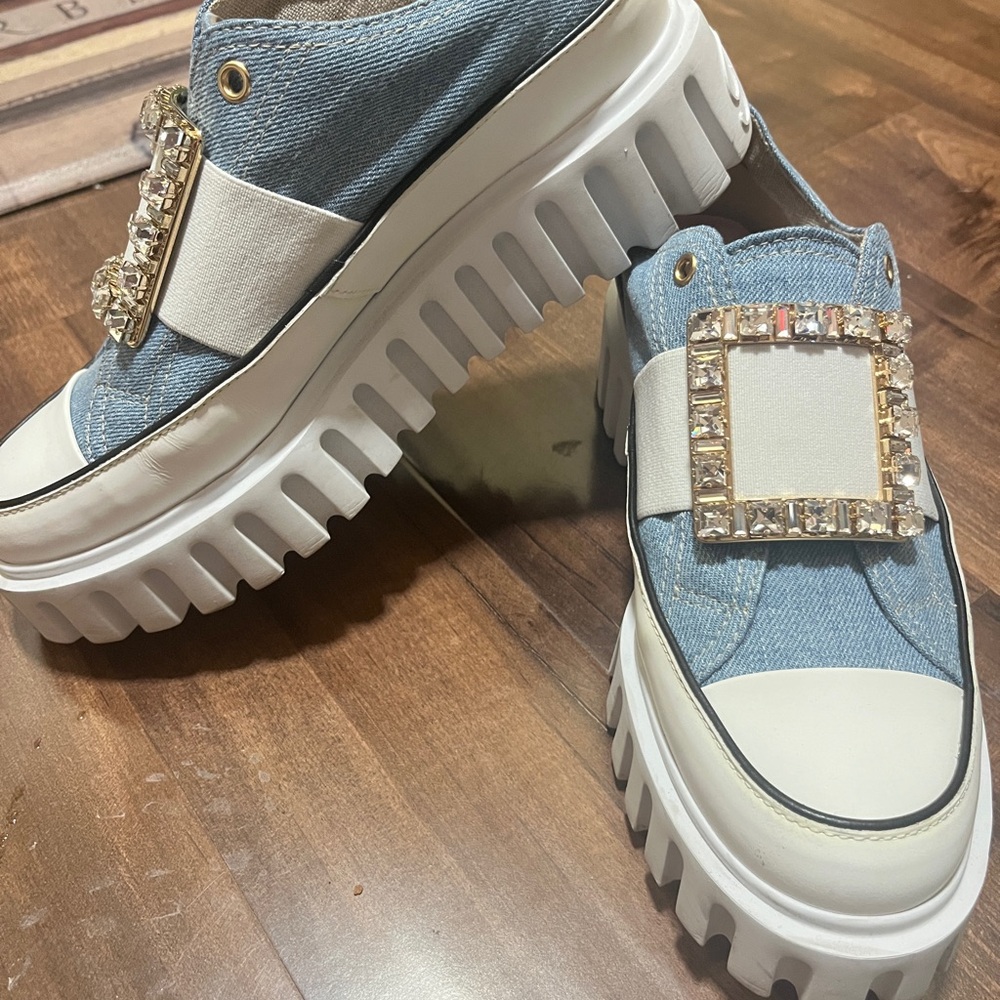 Roger Vivier Viv' Go-Thick Embellished Buckle Sneakers Denim 39.5/9.5 org $1500